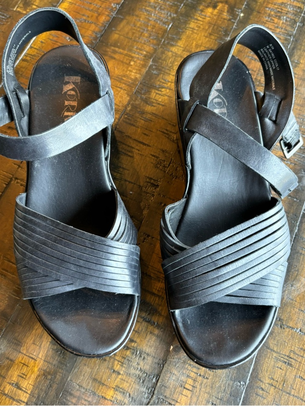 Kork-Ease Black Leather Cross-Strap Sandals